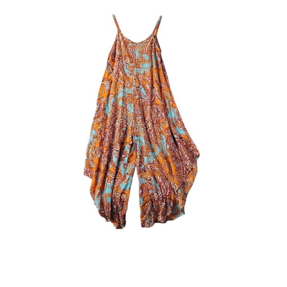 Boho Paisley Harem Jumpsuit Womens M Orange Blue Wide Leg Sleeveless Festival - Picture 2 of 8